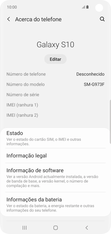 O código IMEI é mostrado no ecrã.