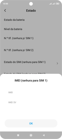 O código IMEI é mostrado no ecrã.