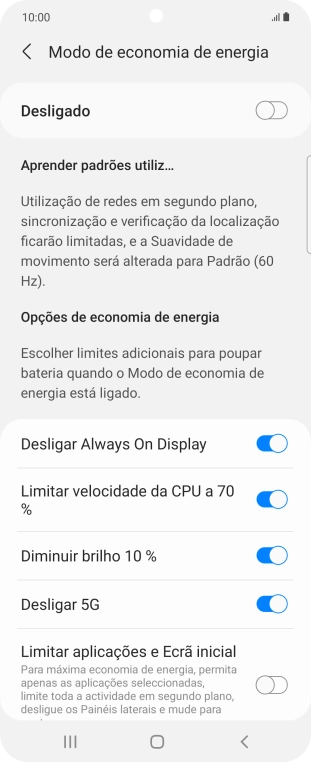 Prima os indicadores junto às definições pretendidas para as ativar ou desativar.