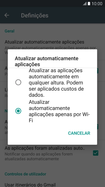 Prima Atualizar automaticamente aplicações apenas por Wi-Fi para ativar a função.
