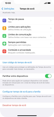 Prima Usar código do tempo de ecrã e siga as indicações no ecrã para escolher uma password para o Tempo de ecrã.