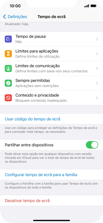 Prima Usar código do tempo de ecrã e siga as indicações no ecrã para escolher uma password para o Tempo de ecrã.