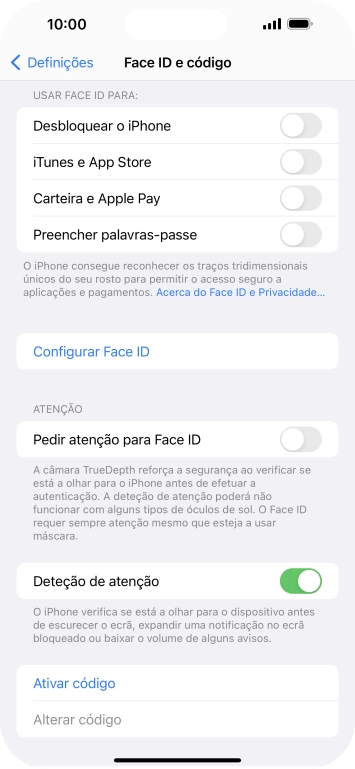 Prima Ativar código e introduza um código de bloqueio do telefone à escolha duas vezes de seguida.