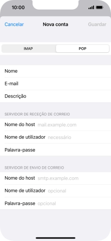 Prima Nome do host e introduza o nome do servidor de receção do fornecedor de e-mail.