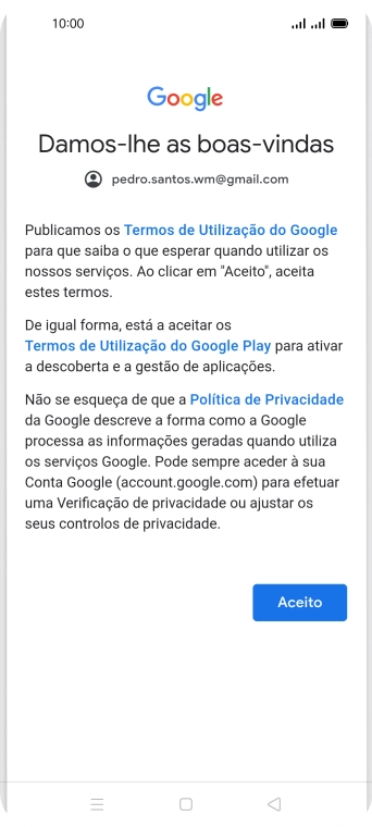 Prima Aceito e siga as indicações no ecrã para escolher as definições da conta Google.