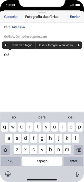 Prima Inserir fotografia ou vídeo e siga as indicações no ecrã para anexar uma imagem ou um clipe de vídeo.
