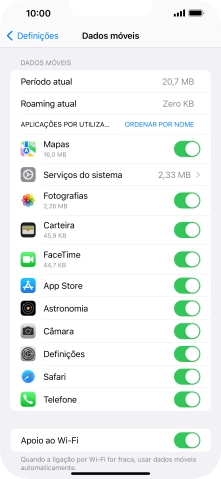 Prima o indicador junto das aplicações pretendidas para ativar ou desativar a função.