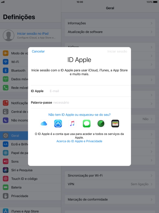 Se não tiver um ID Apple, prima Não tem ID Apple ou esqueceu-se do seu? e siga as indicações no ecrã para criar um ID Apple.