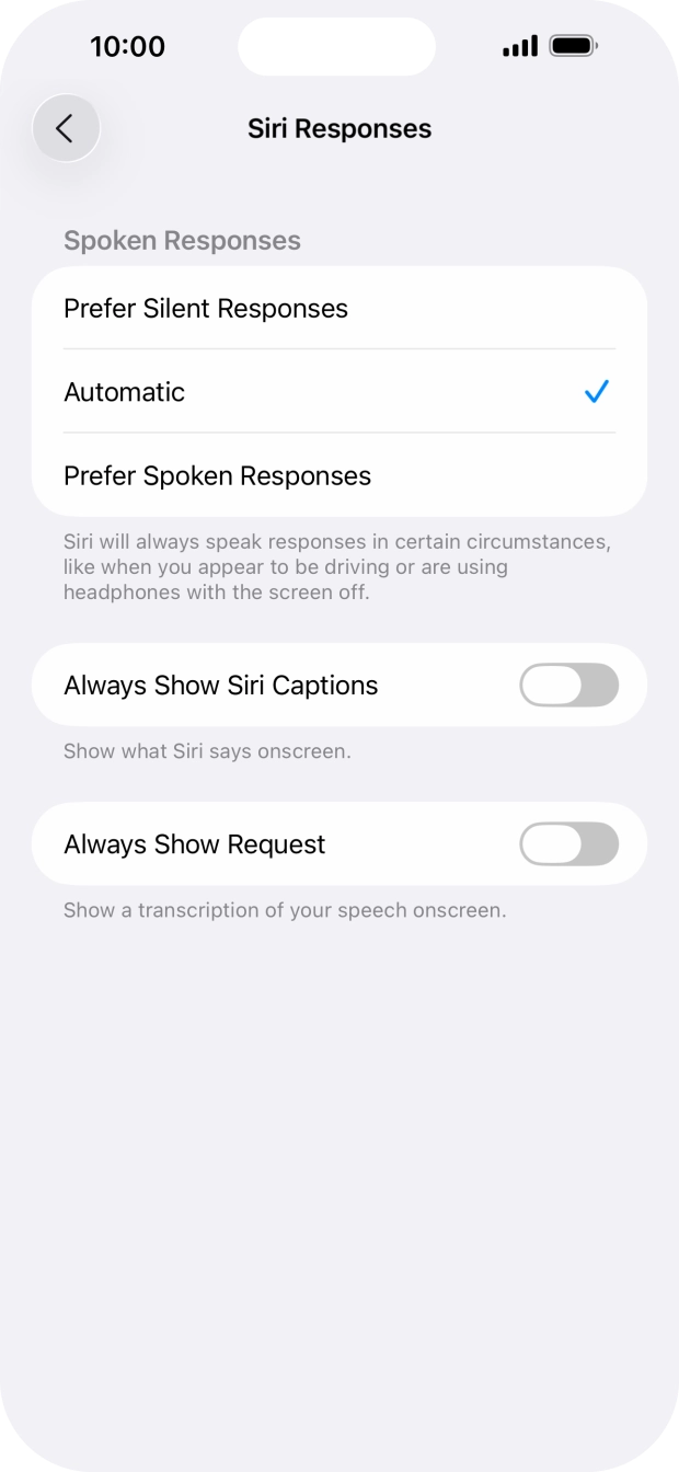 Press the required setting.
