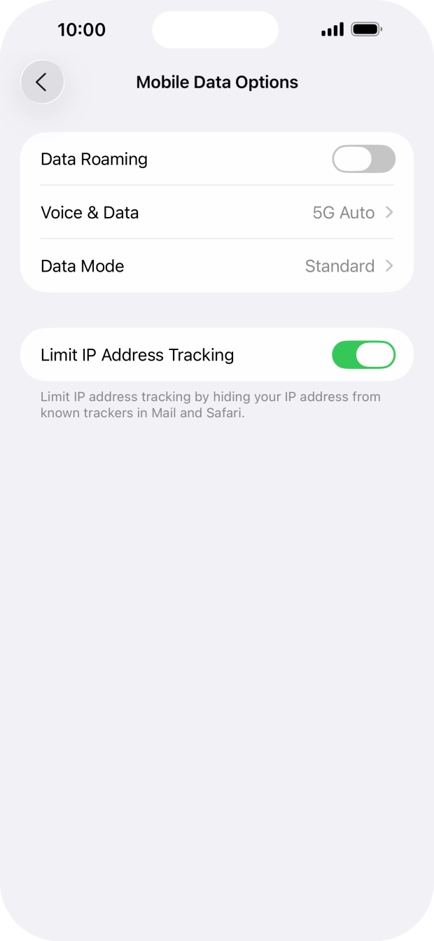 Press the indicator next to 'Data Roaming' to turn the function on or off. Press the indicator next to 'Data Roaming' to turn the function on or off.