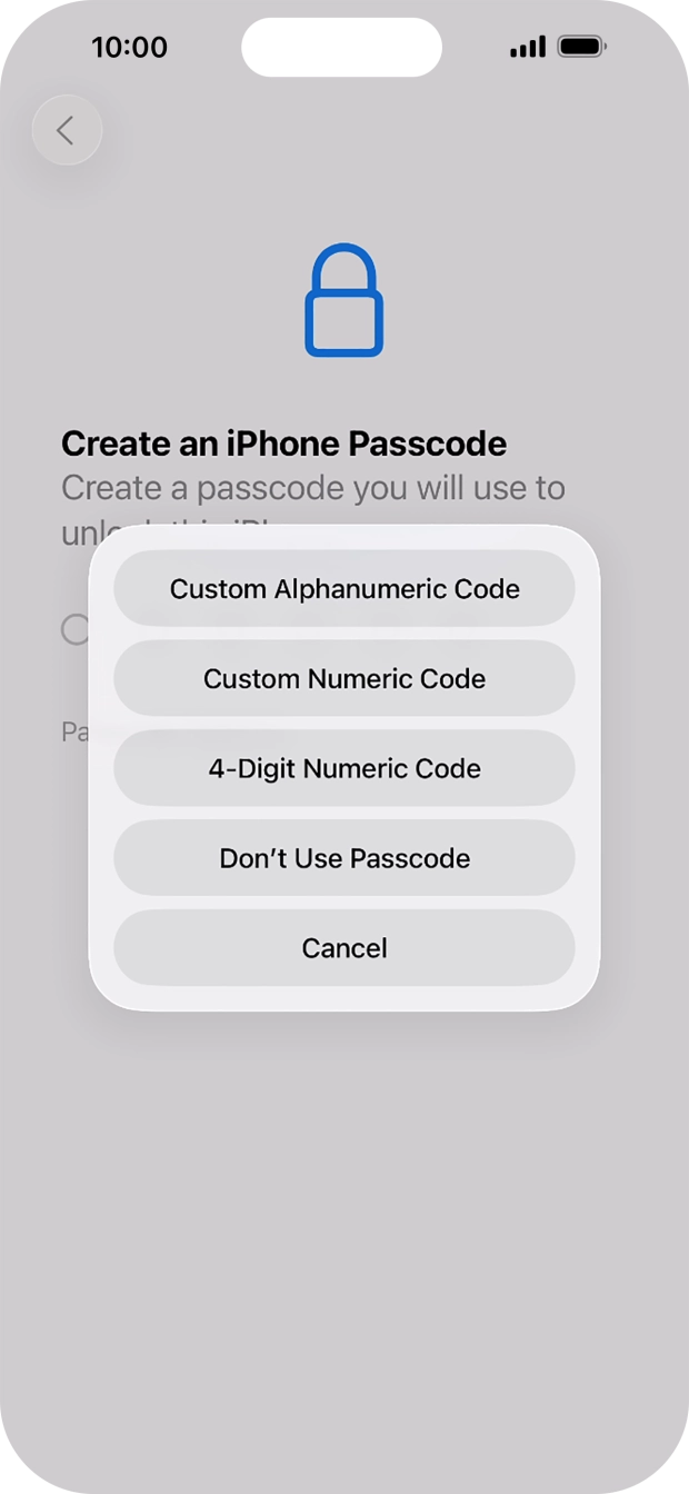 Follow the instructions on the screen to turn on the lock code or press Don't Use Passcode. Follow the instructions on the screen to turn on the lock code or press Don't Use Passcode.