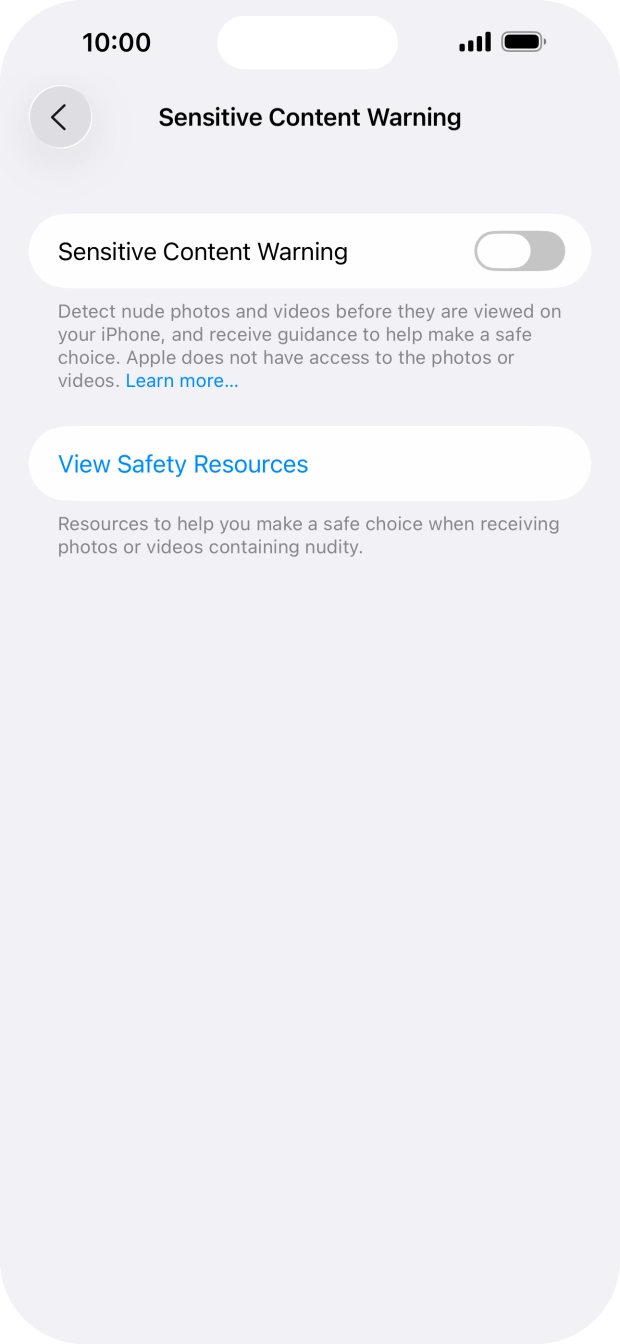 Press the indicator next to 'Sensitive Content Warning' to turn the function on or off. Press the indicator next to 'Sensitive Content Warning' to turn the function on or off.