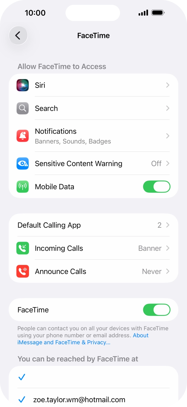 Press the indicator next to 'FaceTime' to turn the function on or off. Press the indicator next to 'FaceTime' to turn the function on or off.
