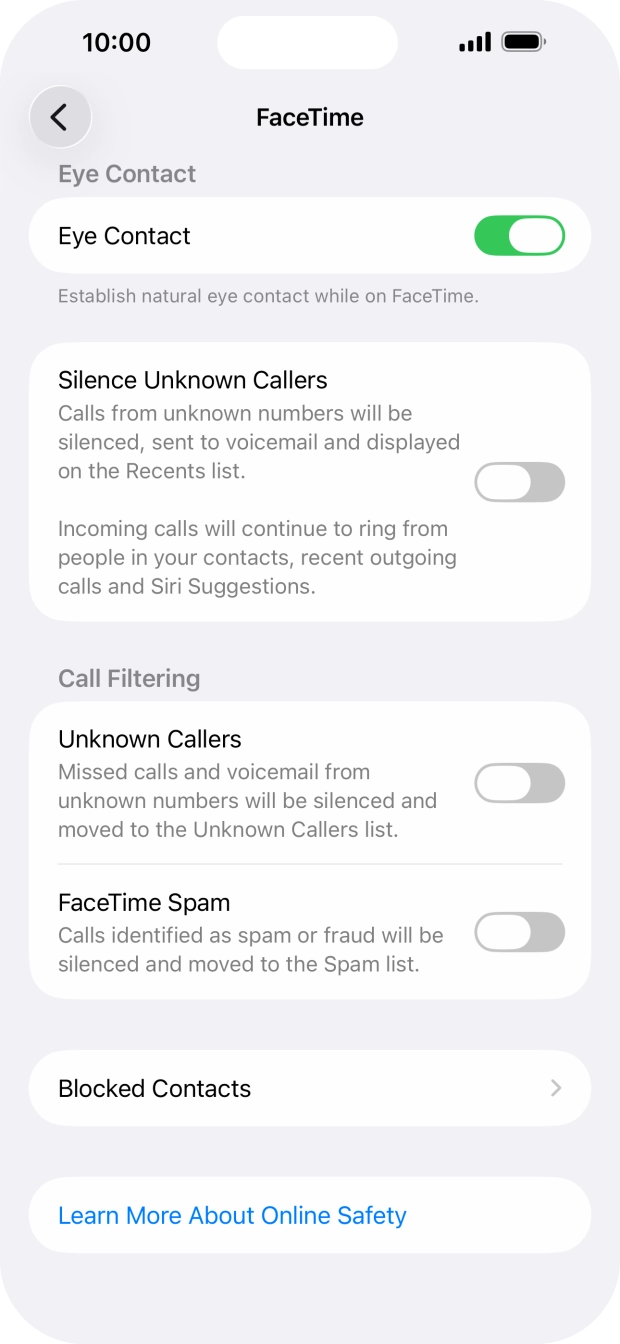 Press the indicator next to 'Eye Contact' to turn the function on or off. Press the indicator next to 'Eye Contact' to turn the function on or off.