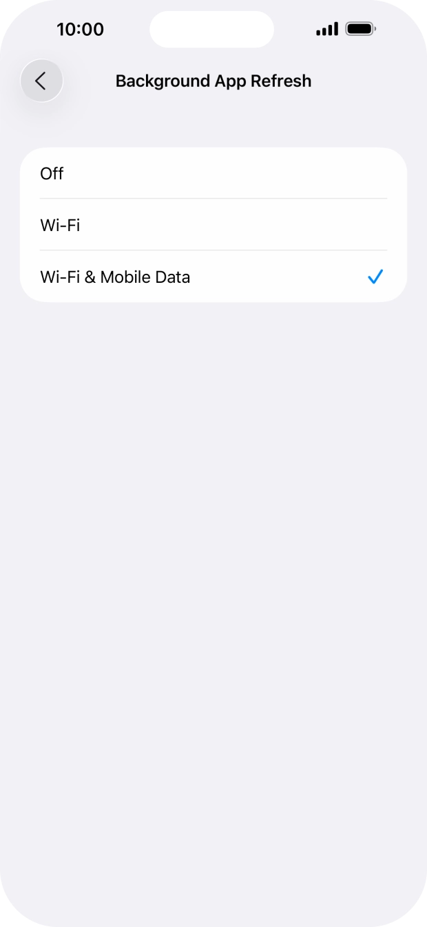 To turn off background refresh of apps, press Off. To turn off background refresh of apps, press Off.