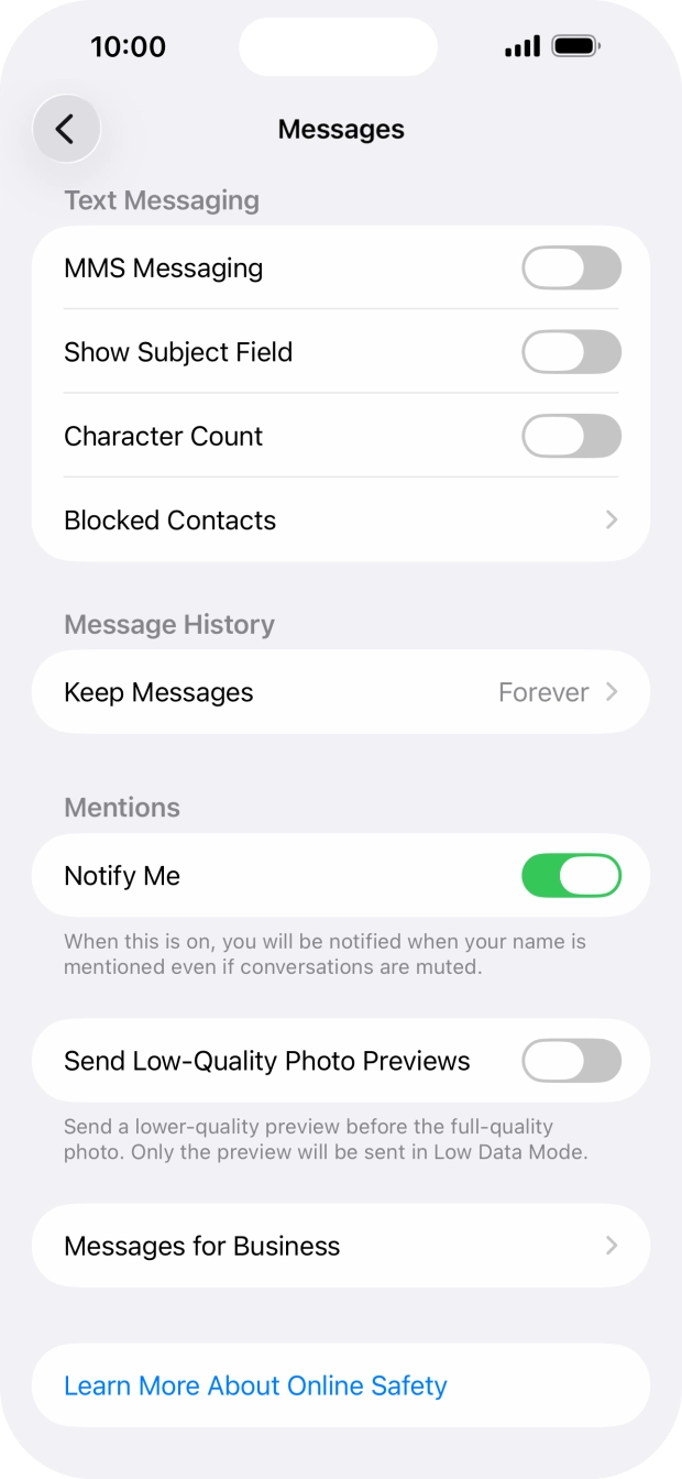 Press the indicator next to 'MMS Messaging' to turn on the function. Press the indicator next to 'MMS Messaging' to turn on the function.