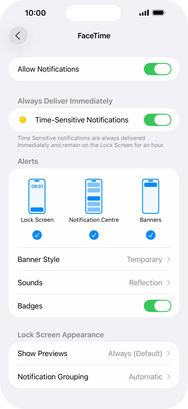 Press the indicator next to 'Allow Notifications' to turn notifications for the selected application on or off. Press the indicator next to 'Allow Notifications' to turn notifications for the selected application on or off.