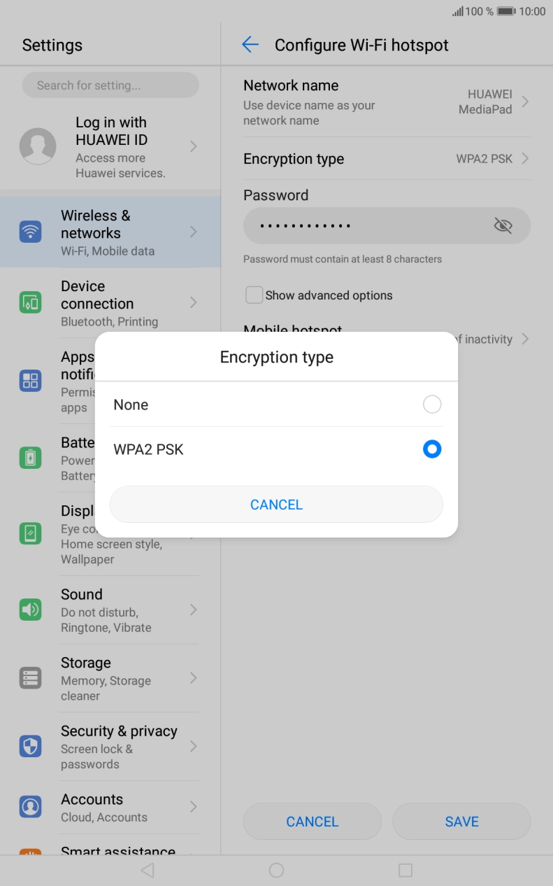 Press WPA2 PSK to password protect your WiFi hotspot.