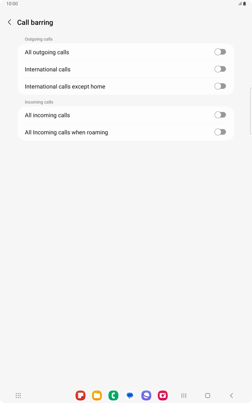 Press the indicator next to the required barring type to turn the function on or off.