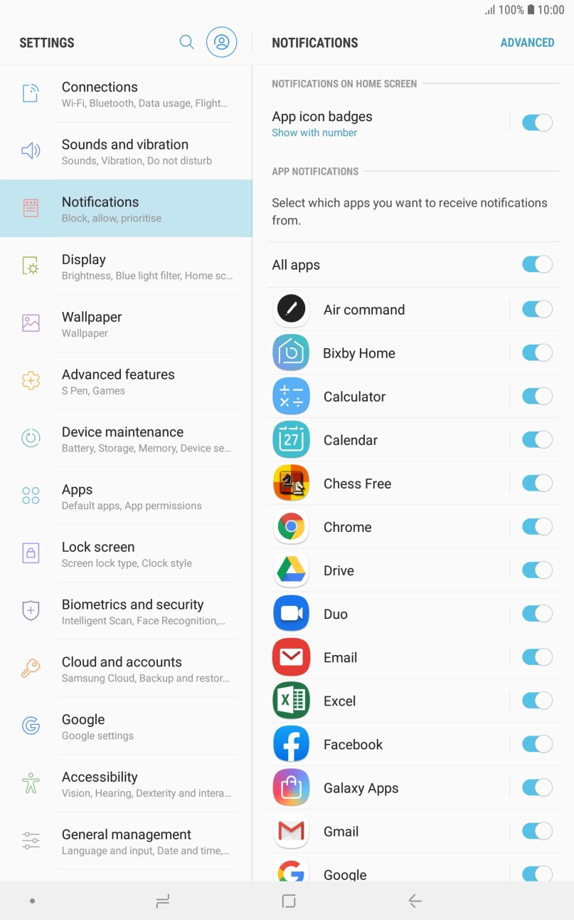 Press the indicator next to the required app to turn the function on or off.