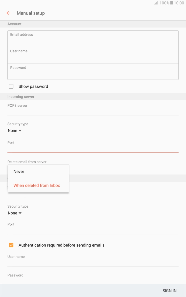 Press Never to keep emails on the server when you delete them on your tablet. Press Never to keep emails on the server when you delete them on your tablet.