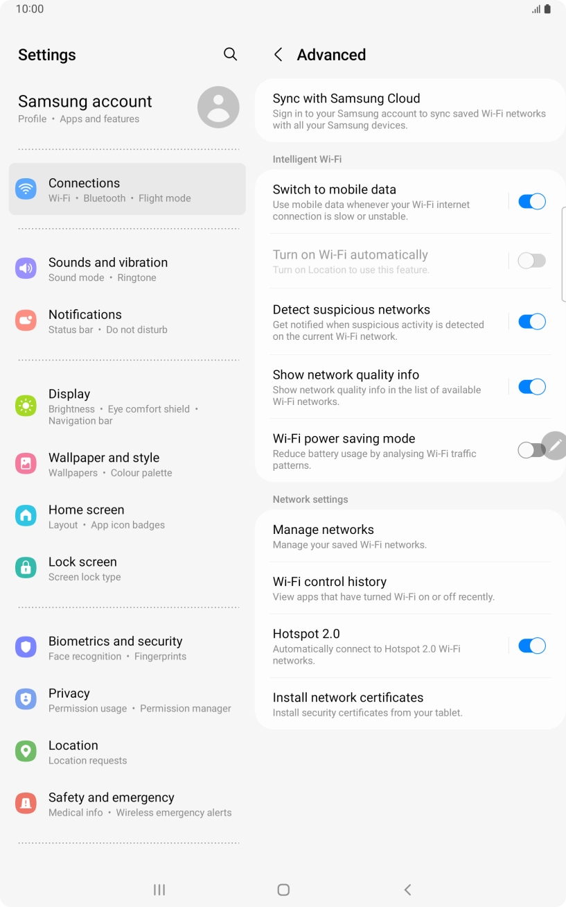 Press the indicator next to 'Switch to mobile data' to turn the function on or off. Press the indicator next to 'Switch to mobile data' to turn the function on or off.