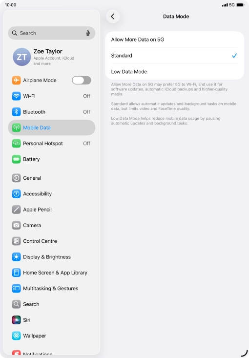 Press the required setting to turn the function on or off.