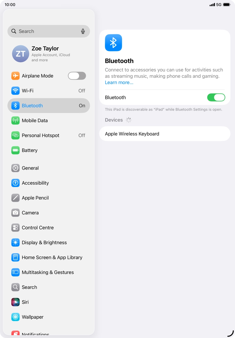 Press the required Bluetooth device and follow the instructions on the screen to pair the device with your tablet.