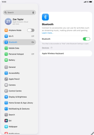 Press the required Bluetooth device and follow the instructions on the screen to pair the device with your tablet.