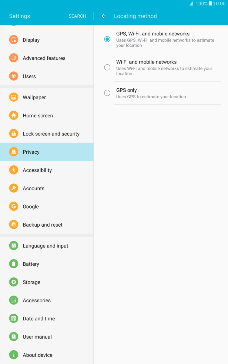 If you select GPS, Wi-Fi, and mobile networks, your tablet can find your exact position using the GPS satellites, the mobile network and nearby WiFi networks. Satellite-based GPS requires a clear view of the sky.