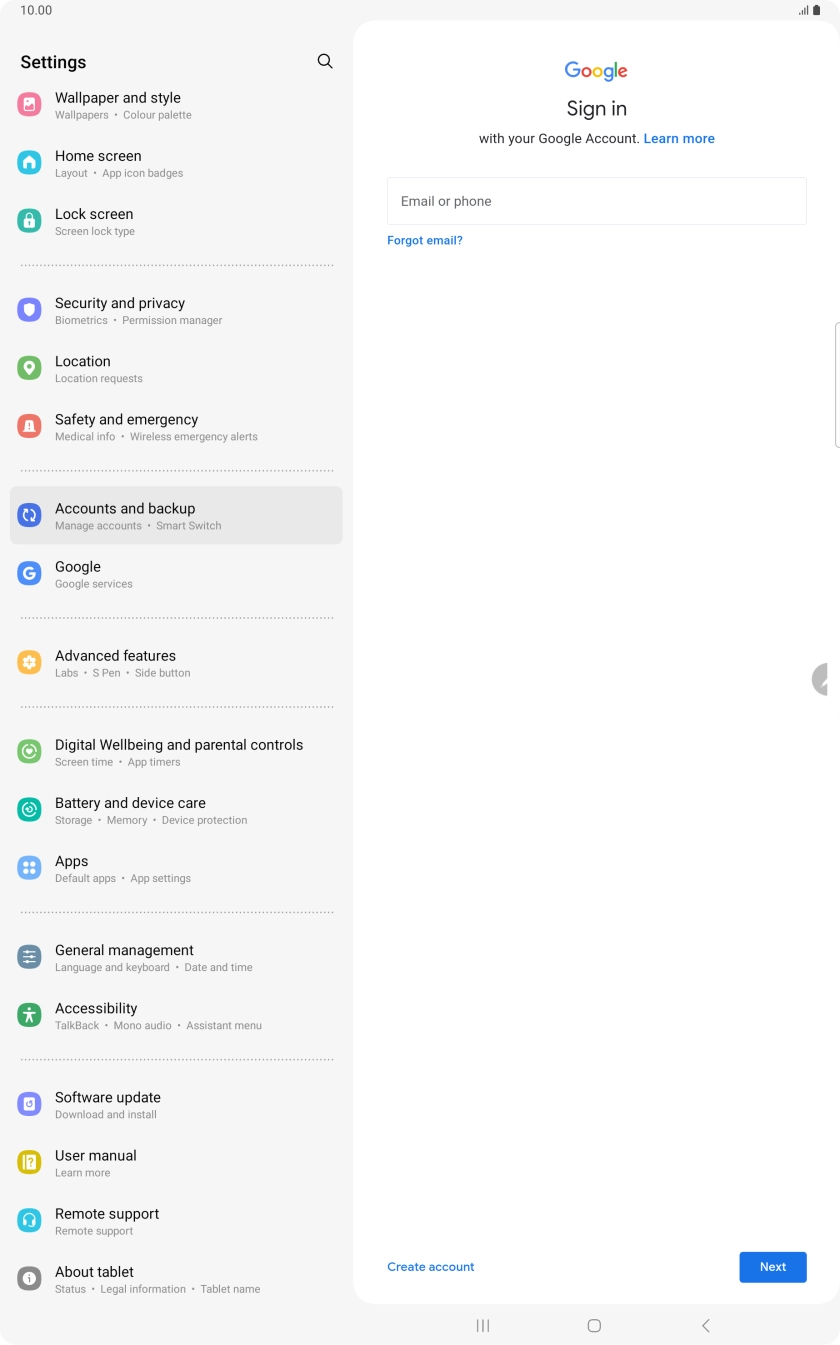 If you don't have a Google account, press Create account and follow the instructions on the screen to create an account.