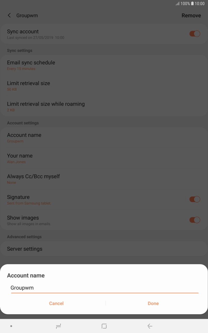 Key in the required name for the email account and press Done.