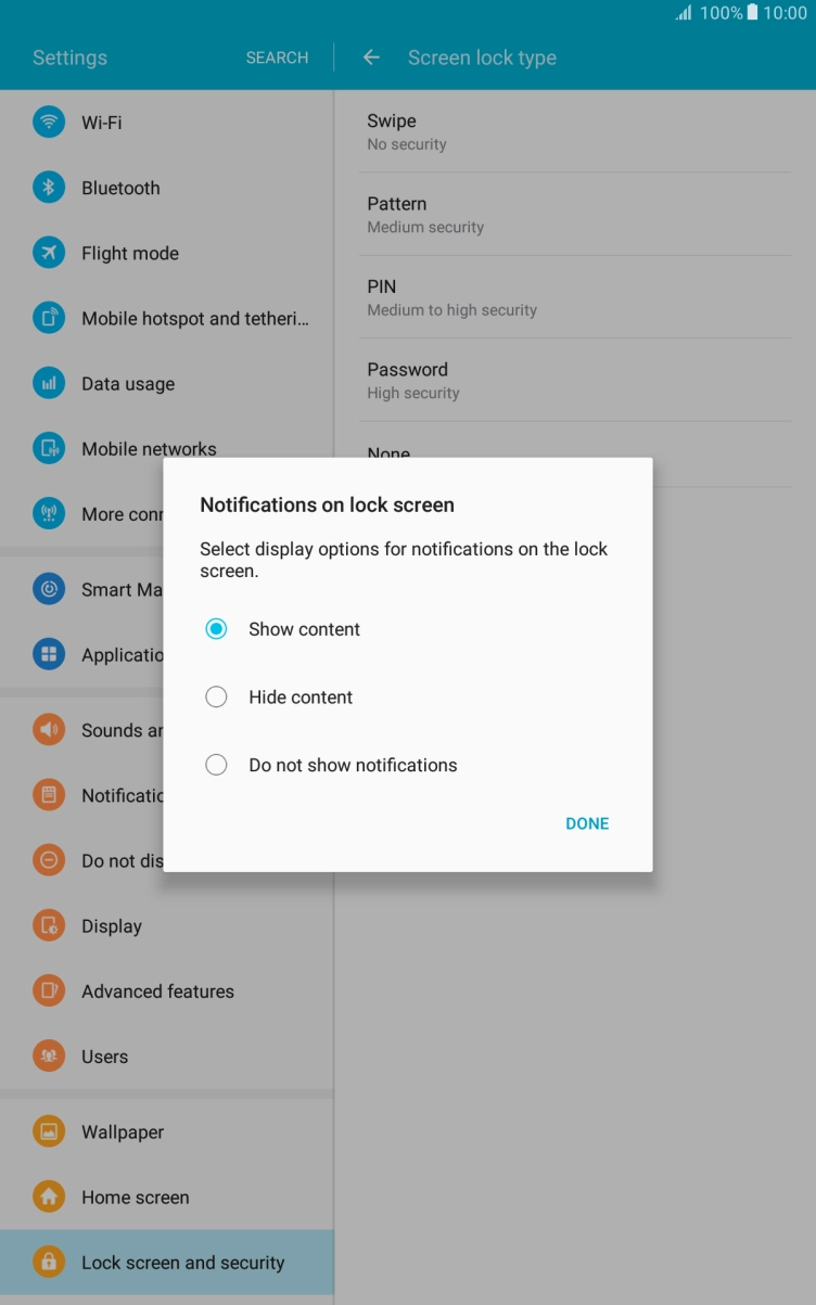 Press the required setting.