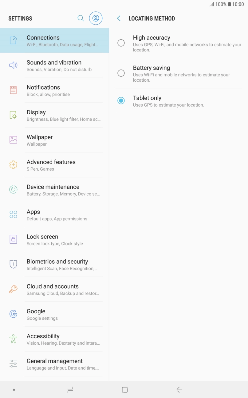 If you select High accuracy, your tablet can find your exact position using the GPS satellites, the mobile network and nearby WiFi networks. Satellite-based GPS requires a clear view of the sky.