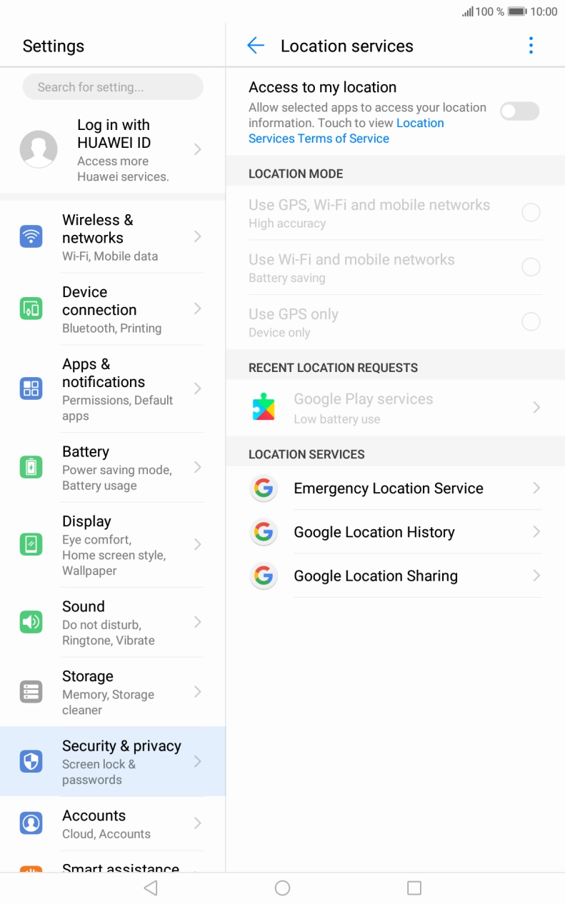 Press the indicator next to 'Access to my location' to turn the function on or off. Press the indicator next to 'Access to my location' to turn the function on or off.