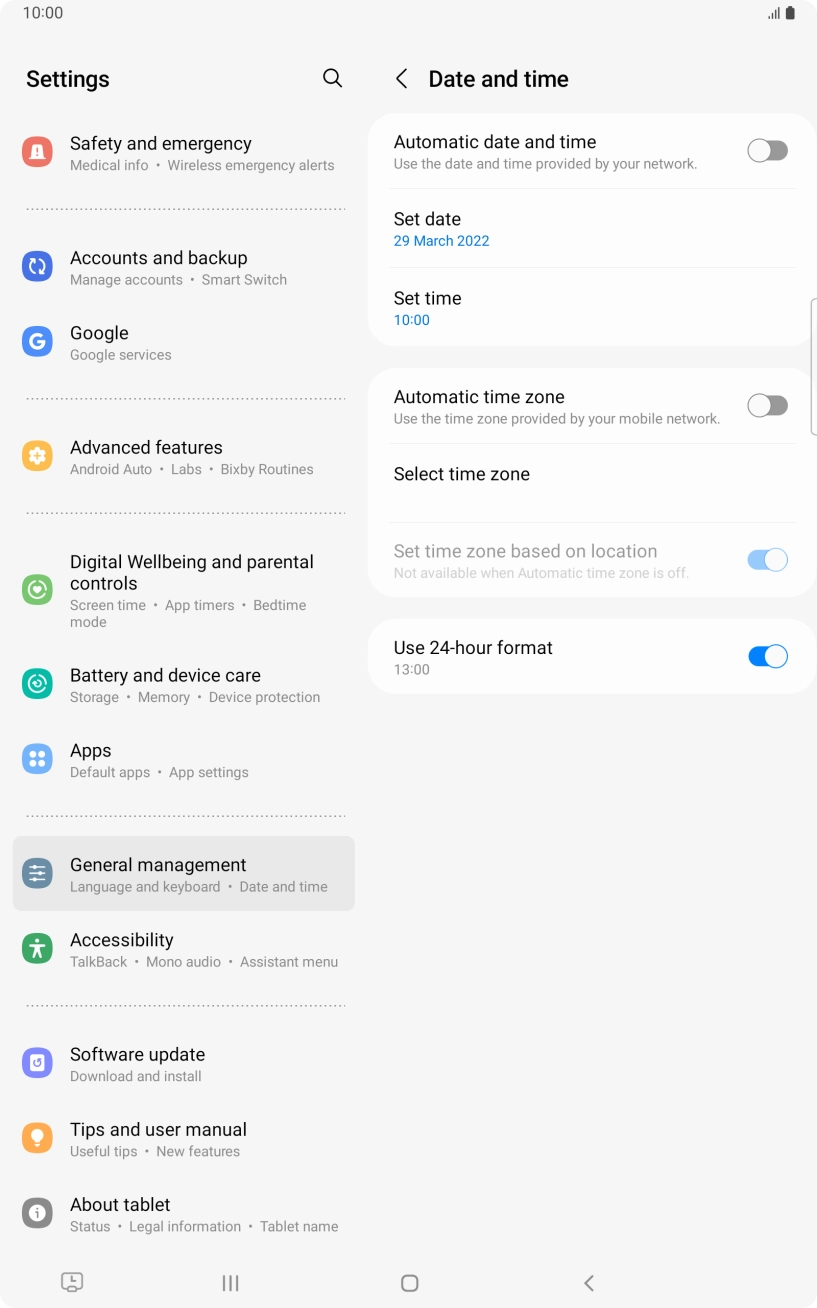 Press the indicator next to 'Automatic date and time' to turn on the function.