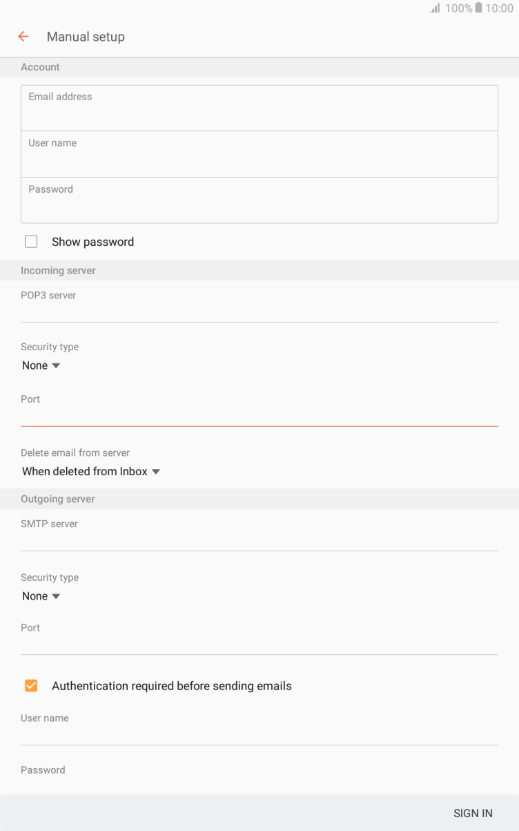 Press the drop down list below 'Delete email from server'. Press the drop down list below 'Delete email from server'.