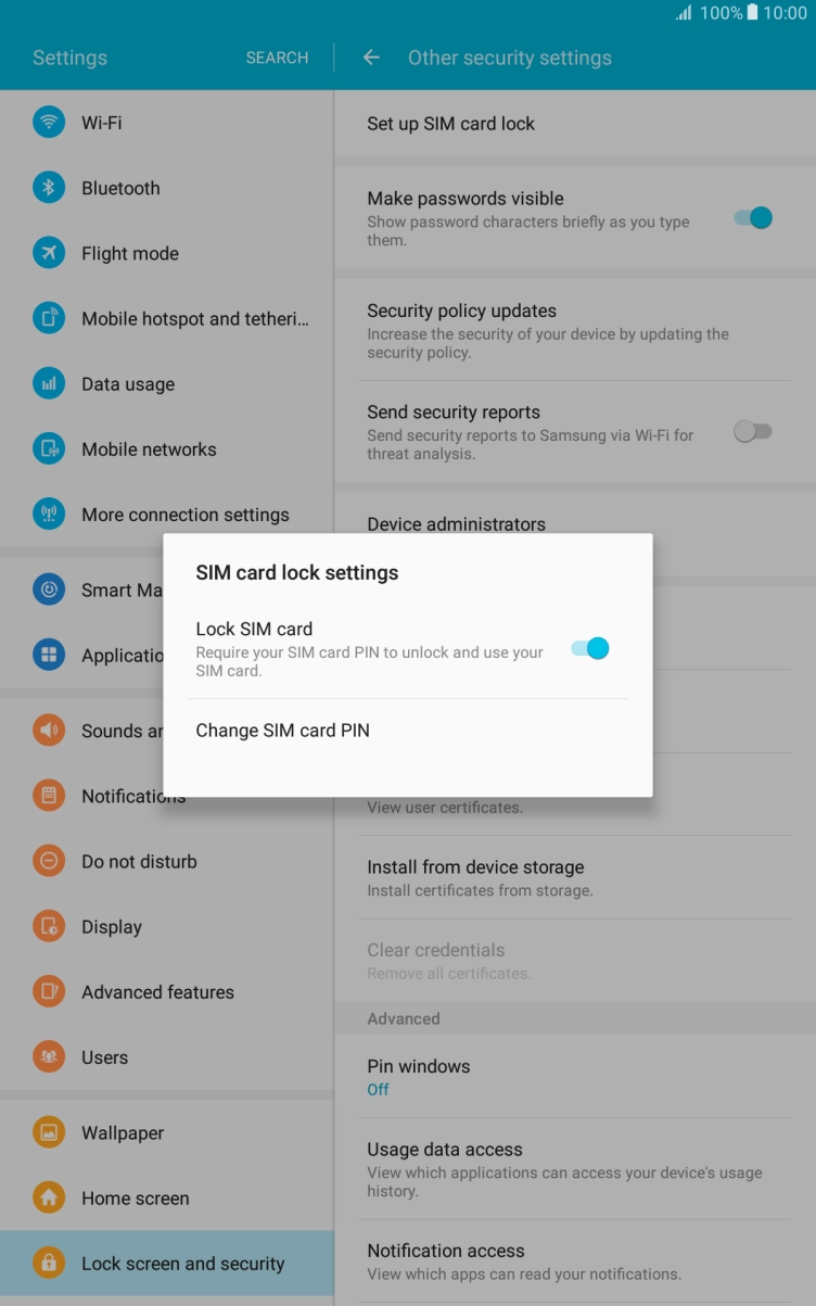 Press the indicator next to 'Lock SIM card' to turn the function on or off.