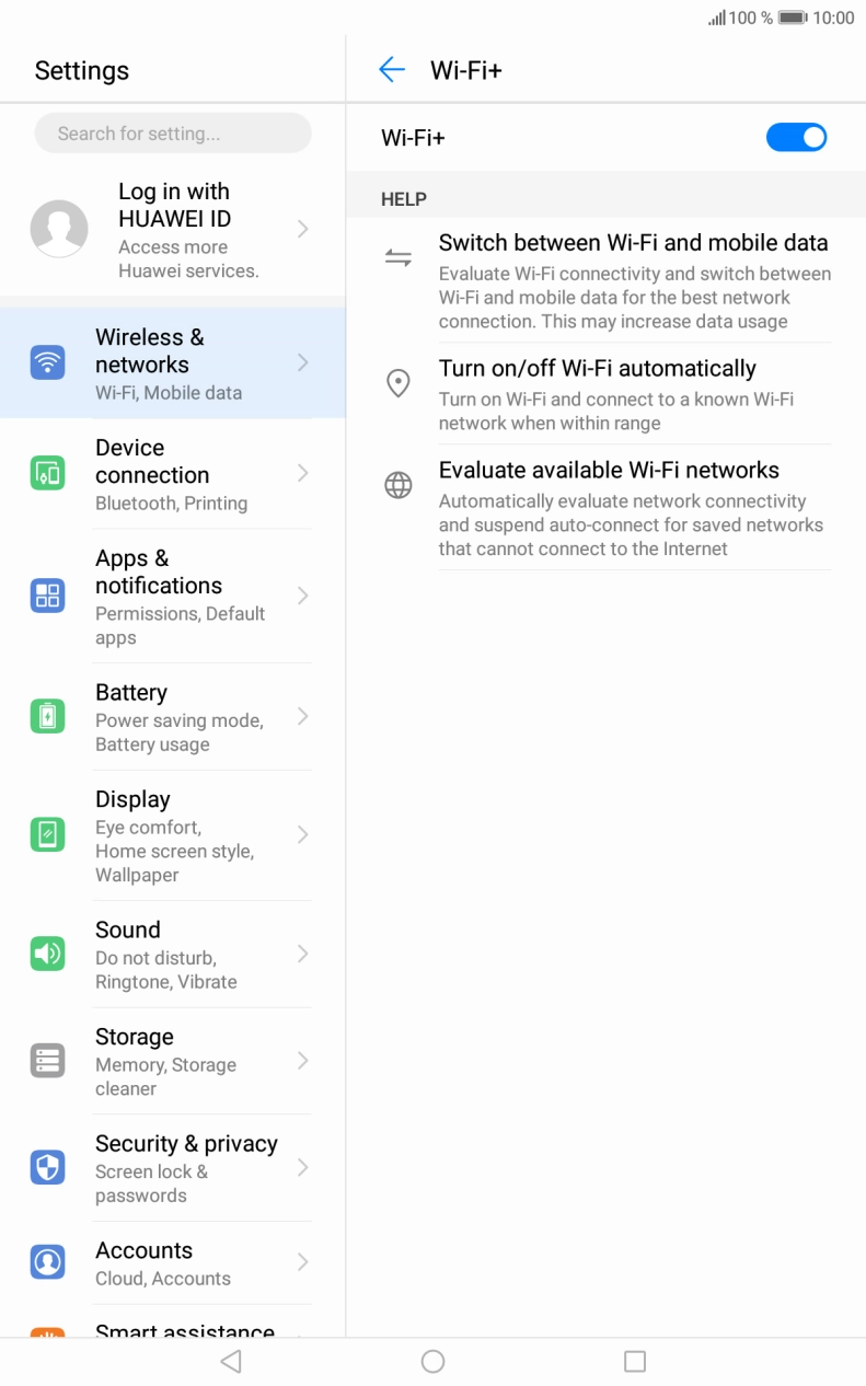 Press the indicator next to 'Wi-Fi+' to turn the function on or off.