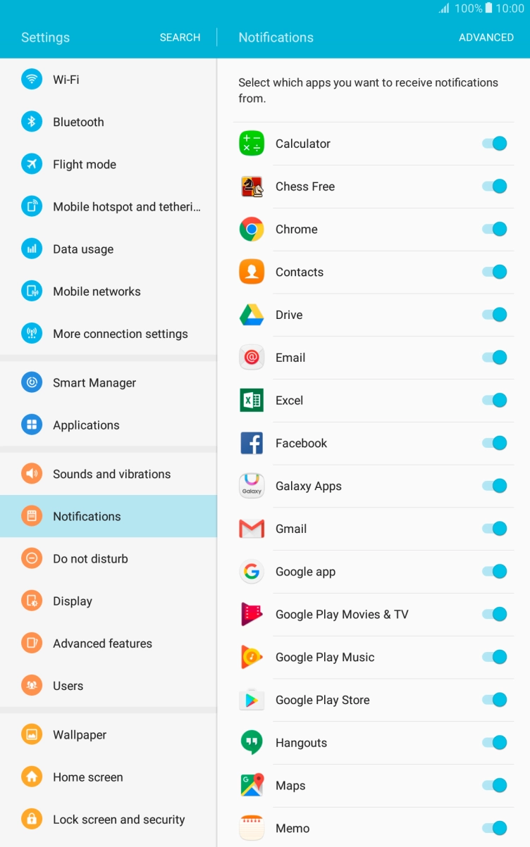 Press the indicator next to the required app to turn the function on or off.