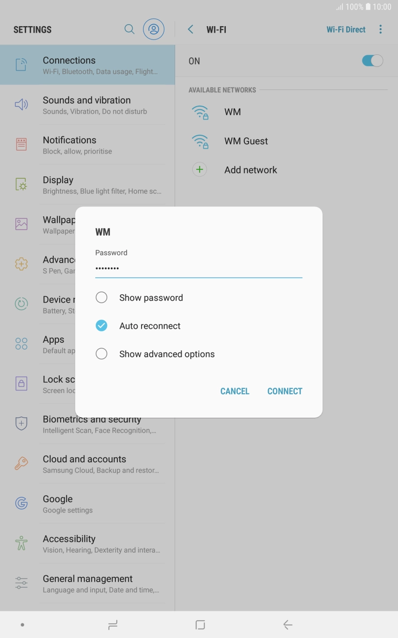 Key in the password for the WiFi network and press CONNECT.