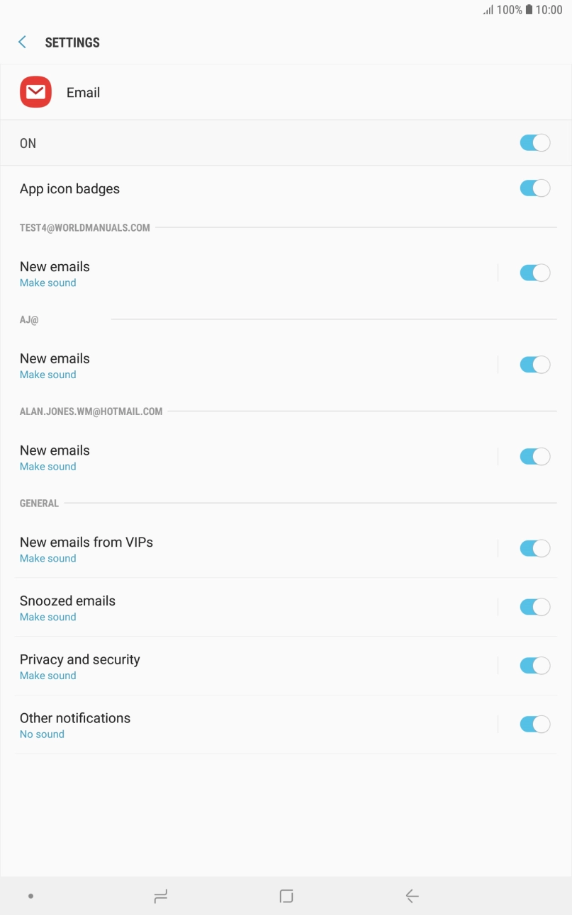 Press the indicator next to 'New emails' below the required email account to turn the function on or off.