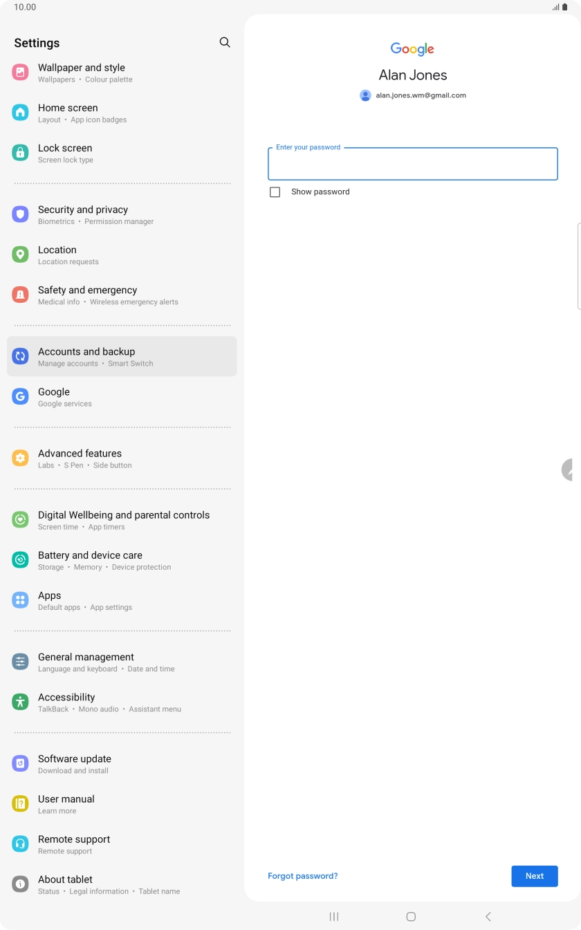 Press the field below 'Enter your password' and key in the password for your Google account.