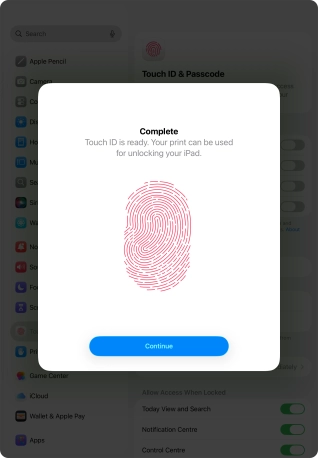Press Continue. If you haven't previously selected a lock code, key in a code of your own choice twice.