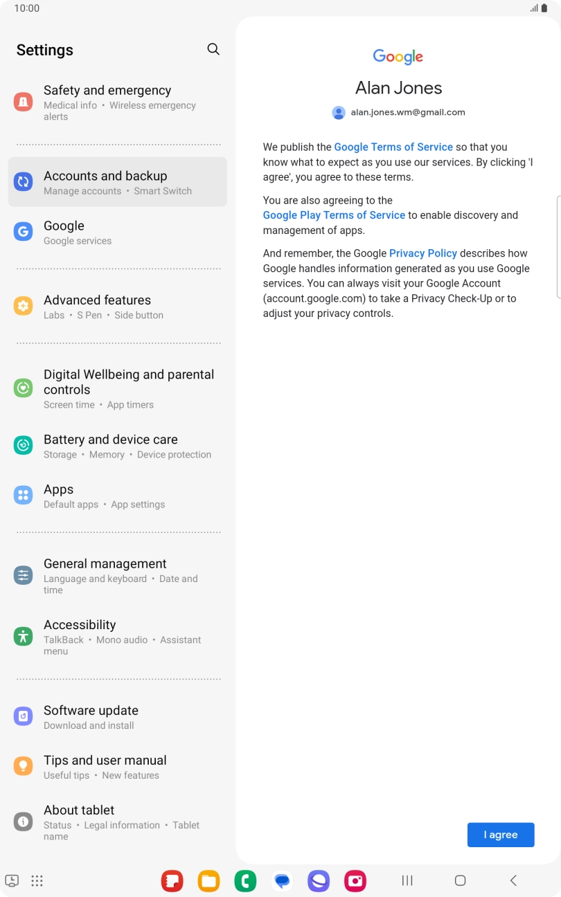 Press I agree and follow the instructions on the screen to select settings for your Google account.