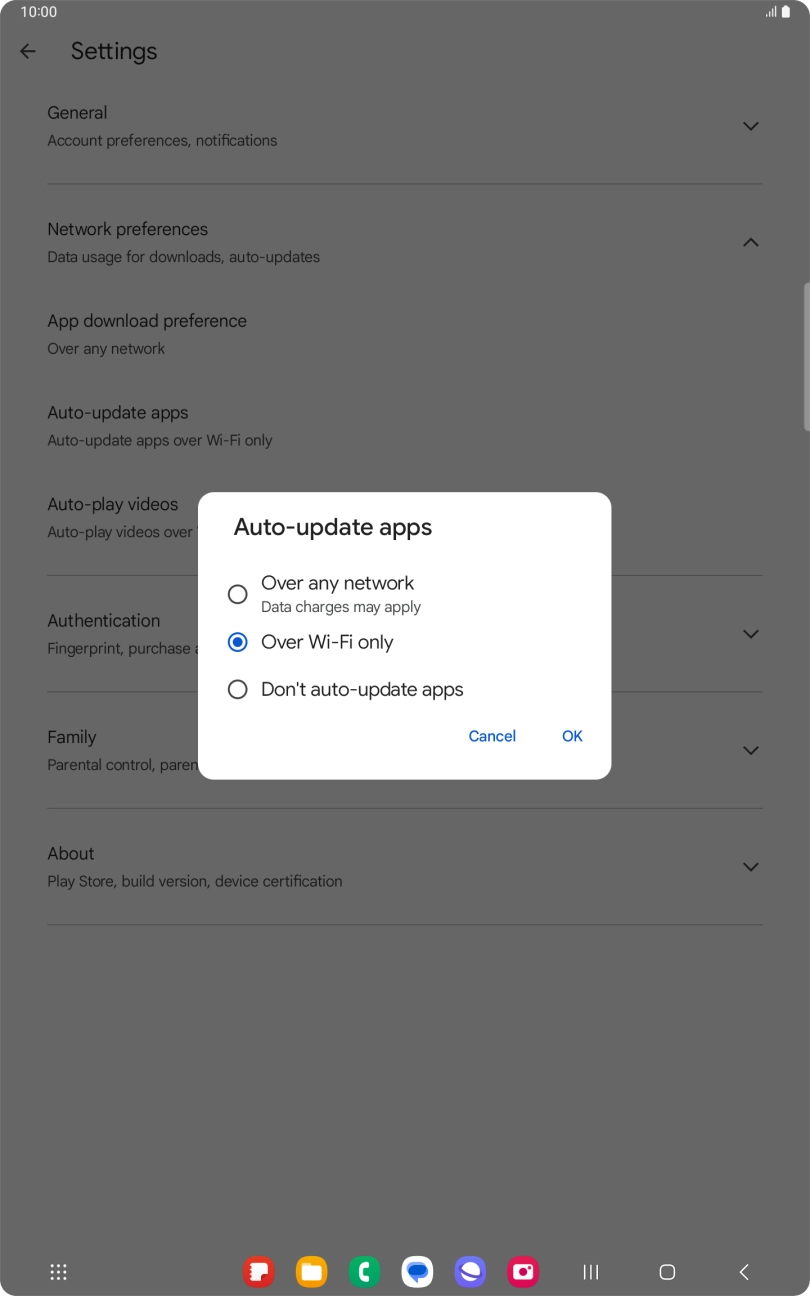 To turn on automatic update of apps using mobile network, press Over any network.