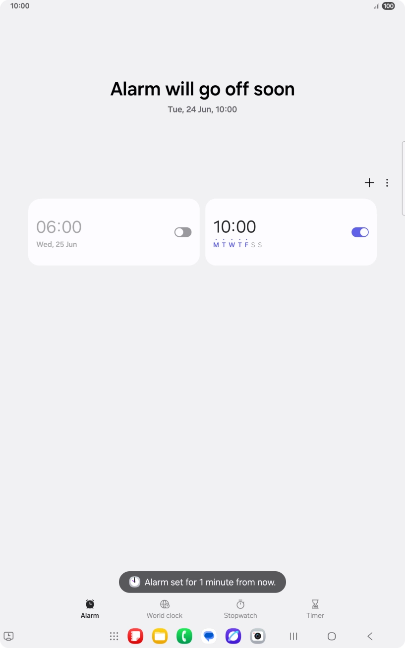 Press the indicator next to the required alarm to turn the alarm on or off.
