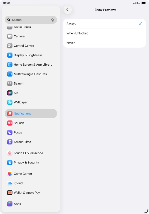 To select push notification preview on the lock screen, press Always.