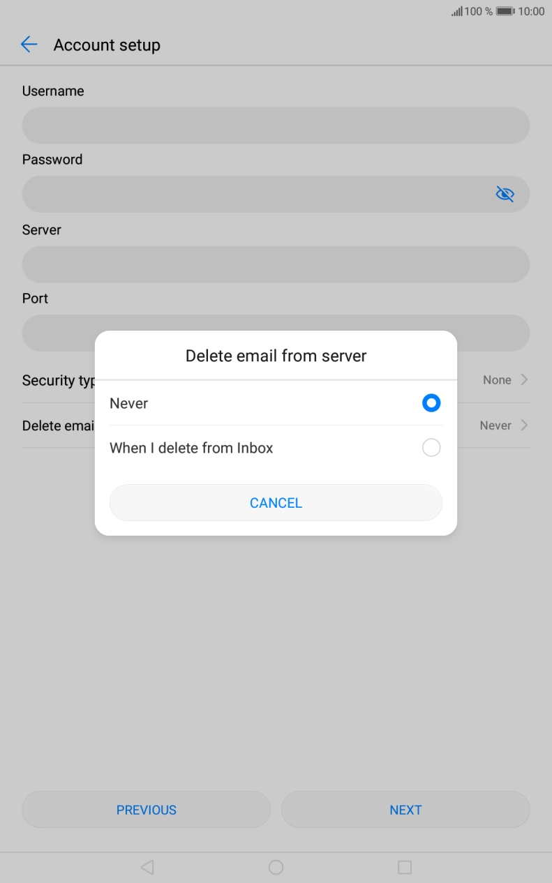 Press Never to keep emails on the server when you delete them on your tablet.