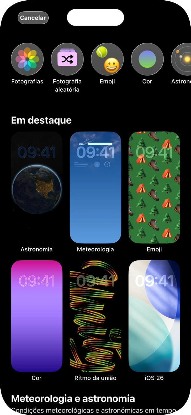 Prima a categoria pretendida e siga as indicações no ecrã para escolher a imagem de fundo pretendida.